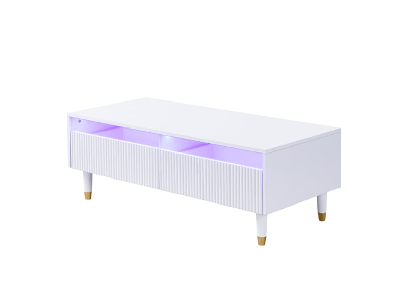  Table basse led moderne ondulée à 2 tiroirs — pieds dorés et blancs, bande lumineuse rgb, meuble tv assorti disponible  - Conforama A