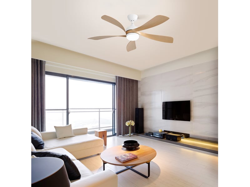  Ventilateur de plafond 132x132x36 cm blanc à 5 pales abs, led 18 w et télécommande  - Conforama D