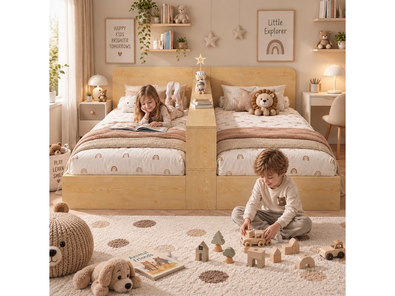  Lit enfant double 90x200 cm, lit jumeaux en bois pour 2 enfants avec séparation centrale, étagères de rangement des deux côtés et design naturel  - Conforama B
