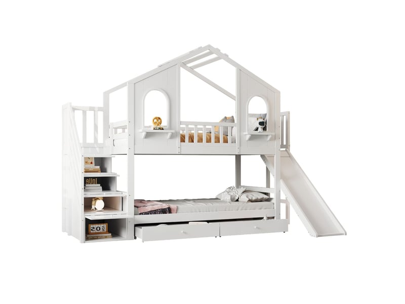  Lit superposé enfant 90x200, structure bois robuste lit superpose cabane, toboggan intégré, échelle rangement, tiroirs coulissants  - Conforama E