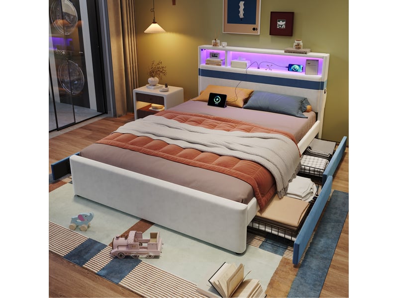  Lit double 140x200 cm, 4 tiroirs, tête de lit led, recharge usb, poches latérales, velours blanc et bleu, sans matelas  - Conforama D