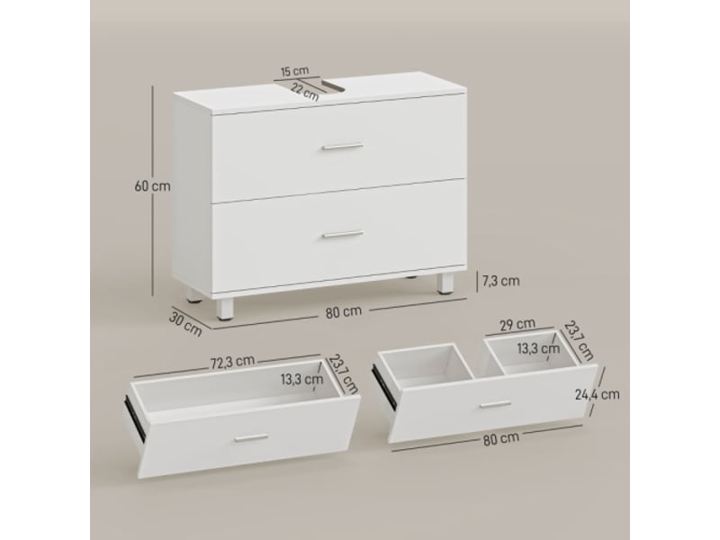 Meuble sous lavabo blanc moderne avec 2 tiroirs, meuble de salle de bains indépendant sans socle - Conforama C