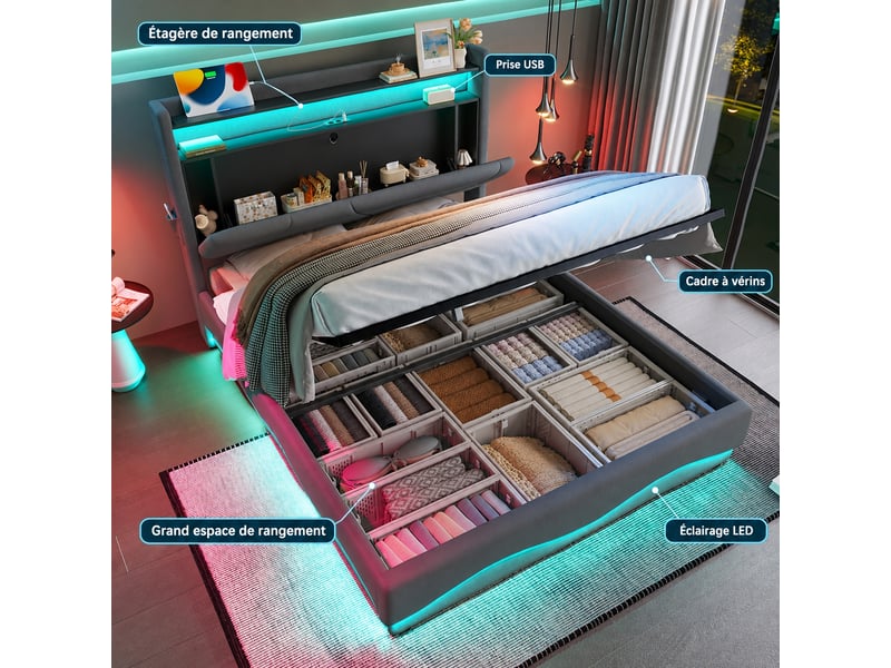  Lit coffre 160 x 200 cm en velours gris foncé, tête de lit avec led, rangement intégré et ports usb type-c  - Conforama B