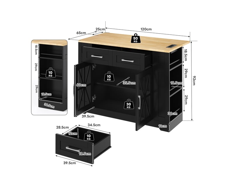  Îlot de cuisine mobile 120x40(65)x92 cm noir et naturel avec table rabattable  - Conforama C