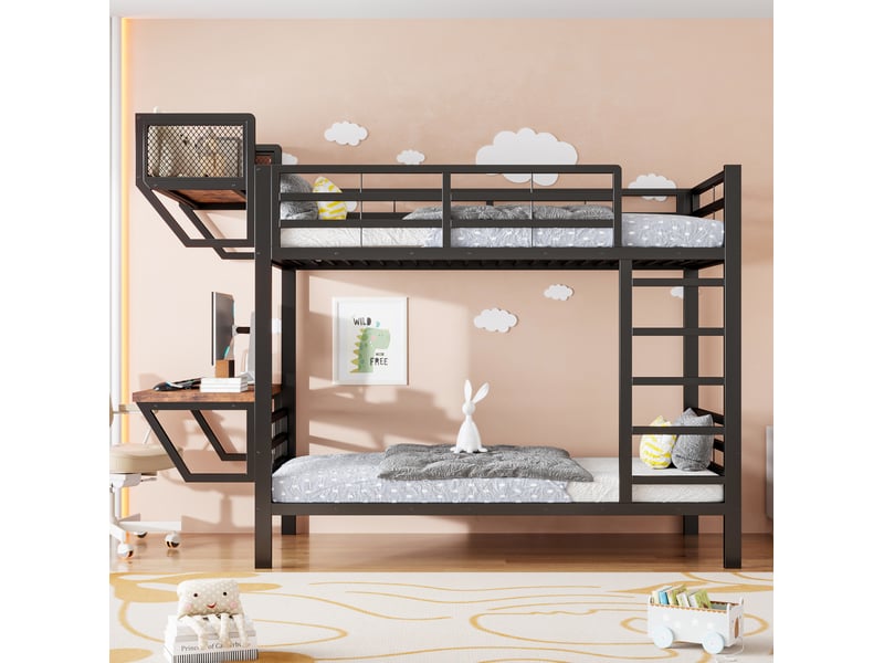  Lit superposé 90x200 cm avec bureau et étagères, métal noir  - Conforama E