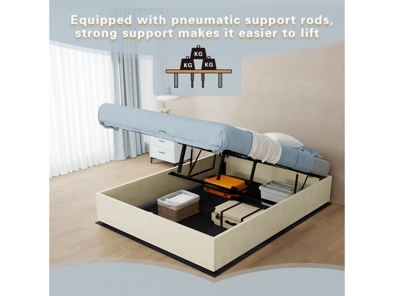  Lit coffre 140x200, 2 places, avec vérins à gaz, velours beige, design moderne  - Conforama E