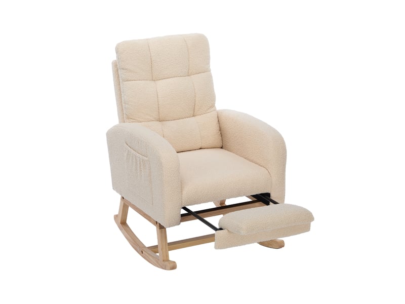  Fauteuil à bascule 132 x 50 x 99 cm beige en tissu bouclé, repose-pieds coulissant et poche latérale  - Conforama A
