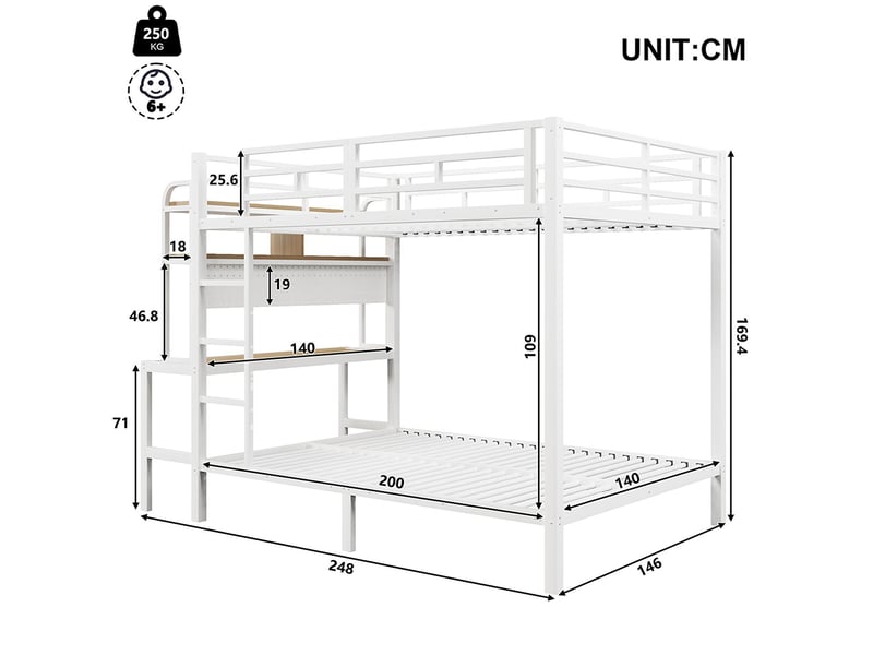  Lit superposé 140x200 cm, fer blanc, avec rangement, bureau, led, usb, barrière, échelle, sans matelas  - Conforama C