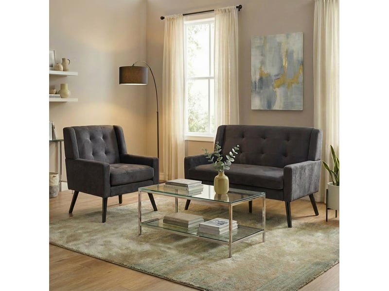  Lot de 2 fauteuils d'appoint gris foncé, 1 place et 2 places, rembourrage en mousse haute densité  - Conforama C