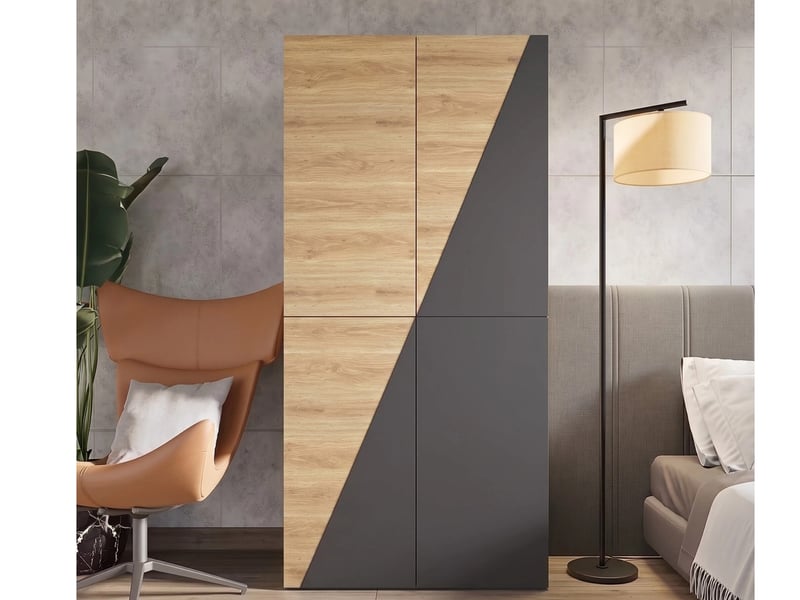  Armoire moderne,avec caisson de rangement,  équipée d'une tringle et de 2 tiroirs,90 x 50 x 200 cm, finition bois + gris  - Conforama B