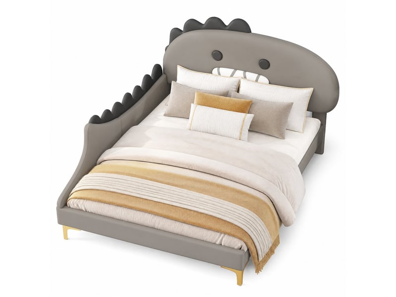  Lit enfant, lit double avec tête de dinosaure, revêtement pu gris et 12 lattes, 140x200 cm, sans matelas  - Conforama A