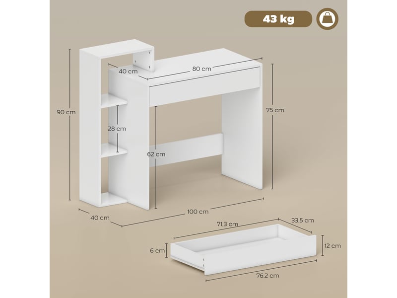  Bureau avec rangement, bureau d'ordinateur avec 3 étagères de rangement et tiroir, blanc, 100 x 40 x 90 cm  - Conforama C