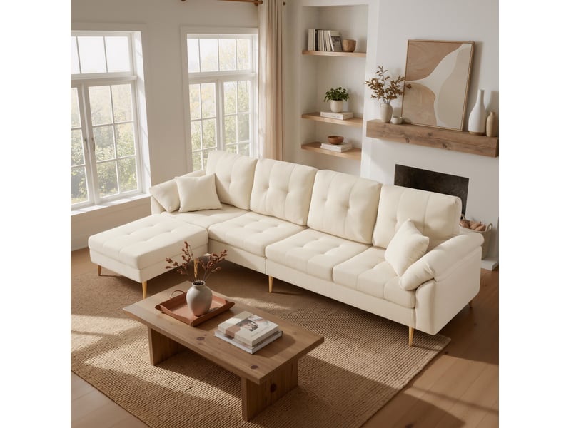 Canapé d'angle 4 places avec pouf modulable à gauche ou à droite, pieds en fer 20 cm, velours côtelé beige clair - Conforama B