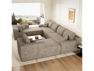 Canapé modulable convertible 302 x 242 x 83 cm 4 places avec 2poufs, canapé-lit sans structure, design minimaliste, velours côtelé, camel