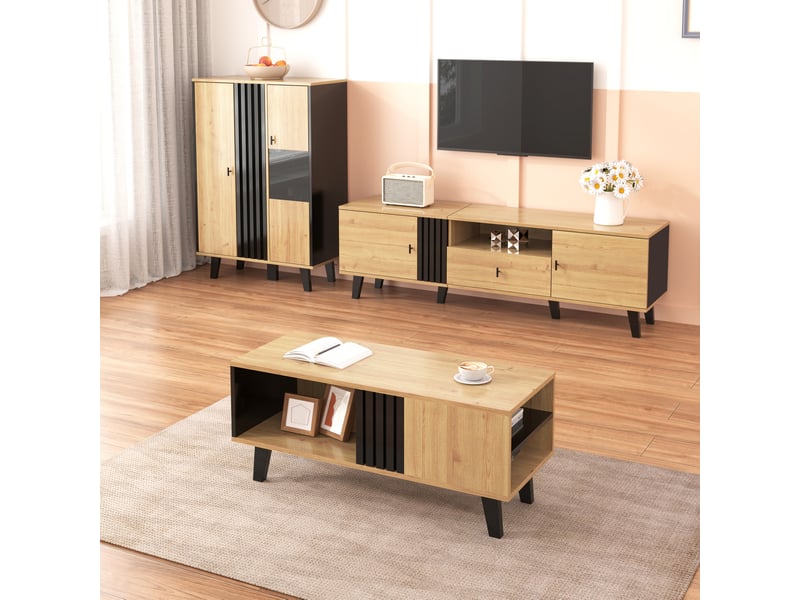  Ensemble de meubles de salon 3 pièces – table basse, meuble tv 170 cm et buffet led – décor bois et noir  - Conforama C