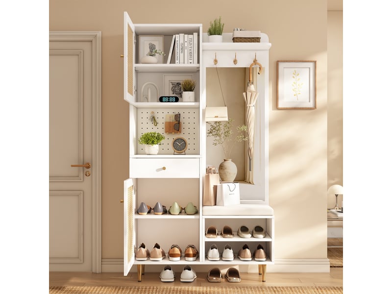  Porte-manteau - ensemble d'entrée avec banc à chaussures, miroir, avec rangement, 99 x 35 x 180 cm, naturel, blanc  - Conforama W