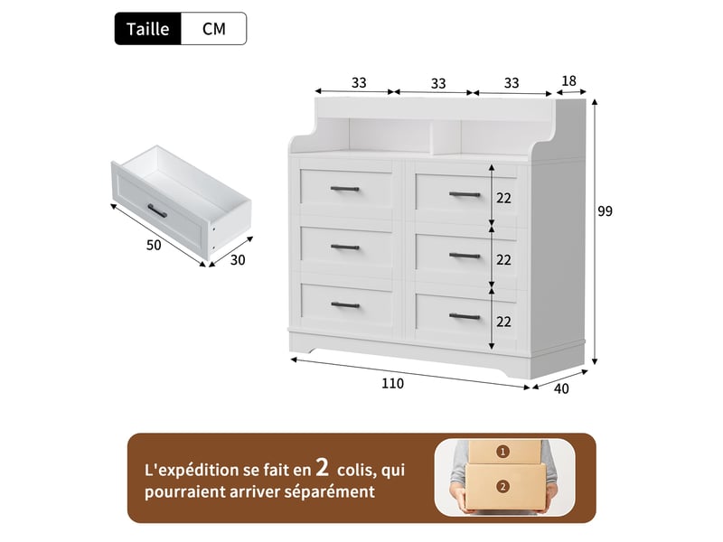  Commode 6 tiroirs - 73x39.5x114cm -  meuble de rangement avec niche ouverte, bande led rgb réglable, style scandinave - blanc  - Conforama E
