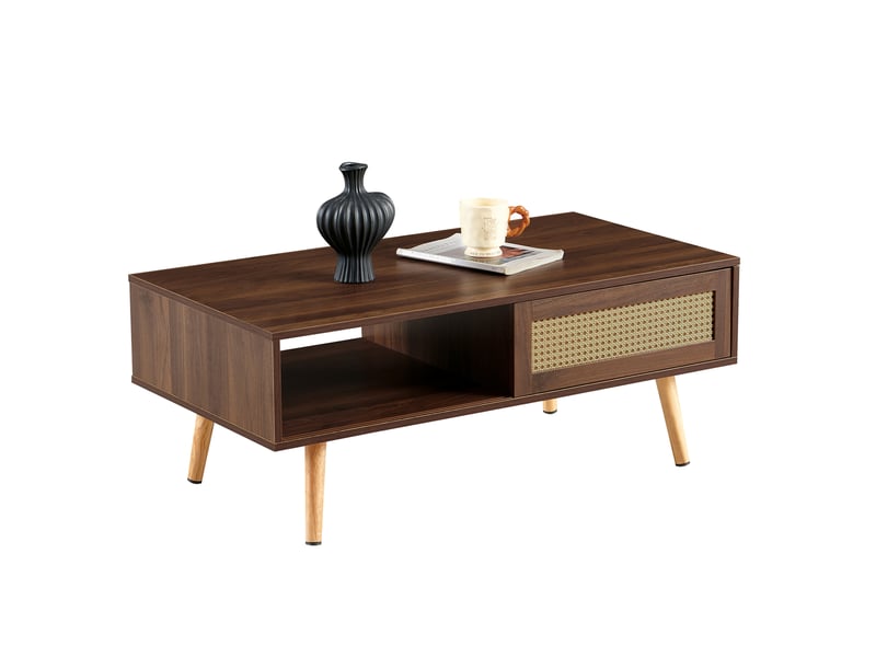 Table basse avec rangement, porte coulissante en rotin, mdf marron - Conforama A