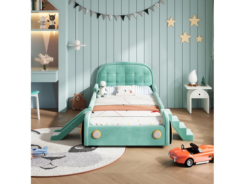  Lit enfant voiture 90x200 cm avec toboggan, escalier et protection, bleu-vert  - Conforama E