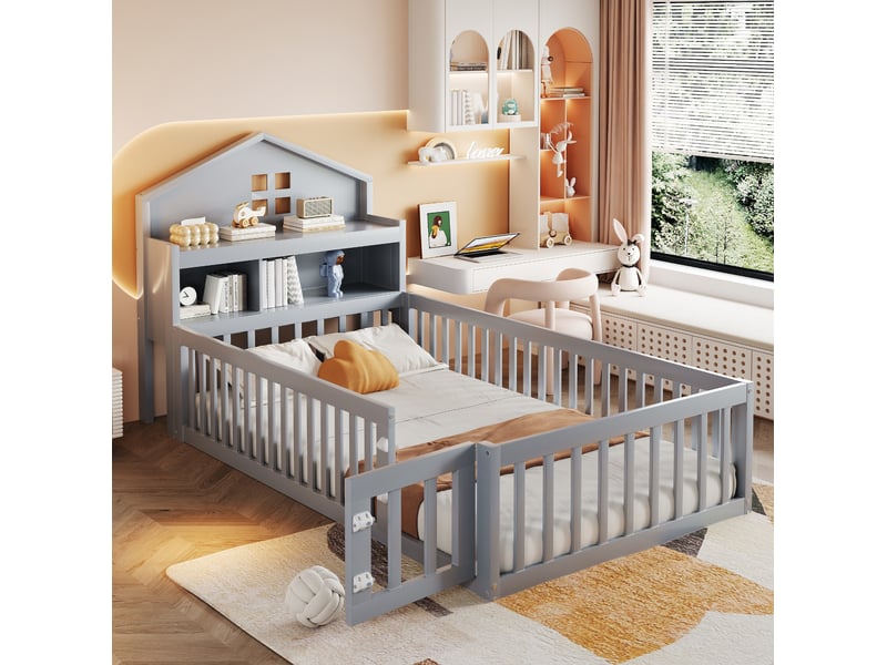  Lit enfant cabane 90x200 cm avec rangements, barrière et porte gris  - Conforama C