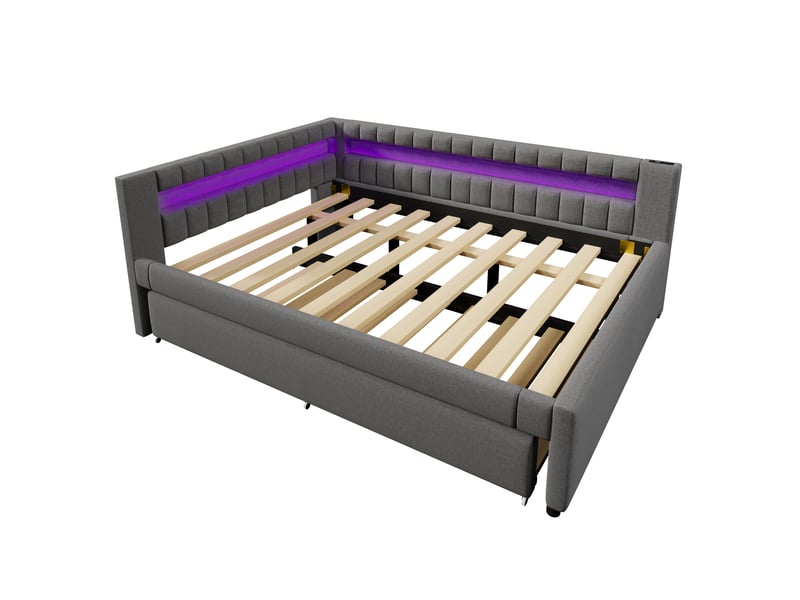  Lit de jour canapé-lit, 140 × 200 cm, gris, lin, lit gigogne, led via app, usb + type-c, sans matelas, pour chambre ou salon  - Conforama A