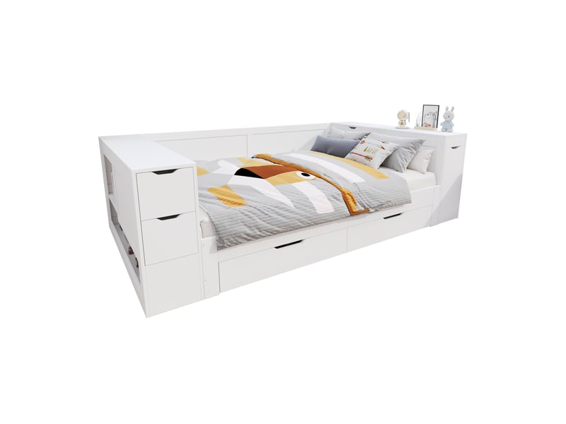  Lit coffre enfant 140x190 cm avec tiroir et rangements latéraux, mdf blanc  - Conforama A