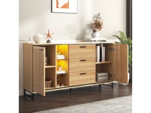 Buffet bois naturel et noir avec 3 tiroirs, meuble de rangement 160 cm avec éclairage led 16 couleurs et étagères en verre.