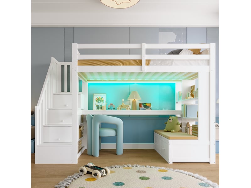  Lit mezzanine modenvie 90 x 200 cm avec bureau, étagères, escalier avec rangement, 2 tiroirs et éclairage led blanc  - Conforama E