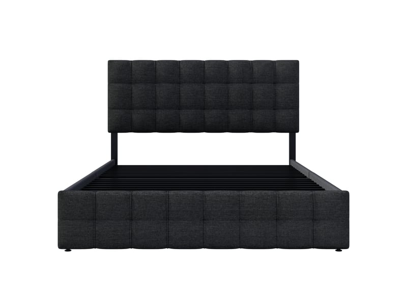 Lit double 140x200 avec 4 tiroirs, tête de lit capitonnée réglable, sommier à lattes, revêtement lin noir  - Conforama C