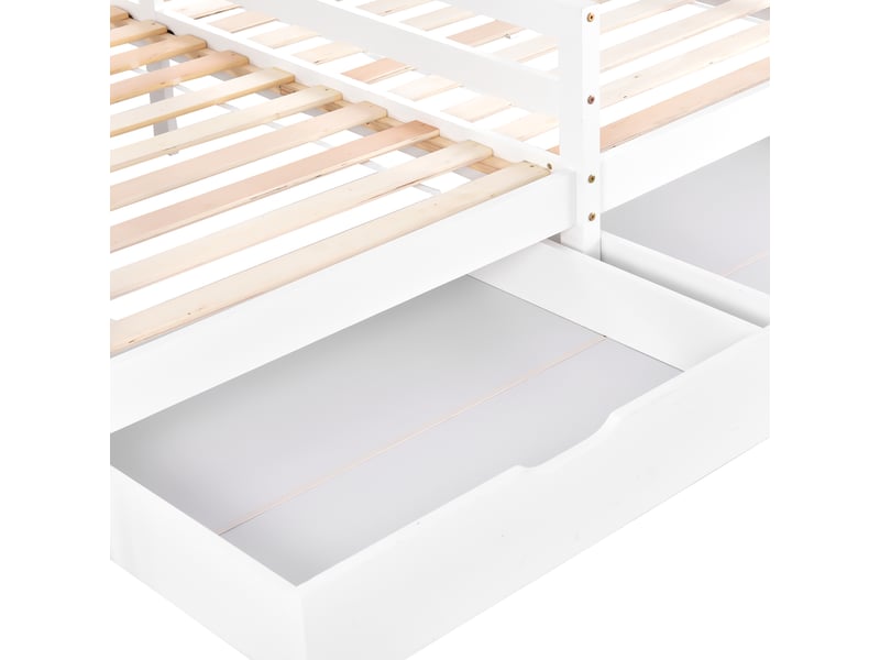  Lit cabane double en bois, lit 2 places avec 2 tiroirs, barrières et toit, 200x90 cm et 200x90 cm, sans matelas  - Conforama E