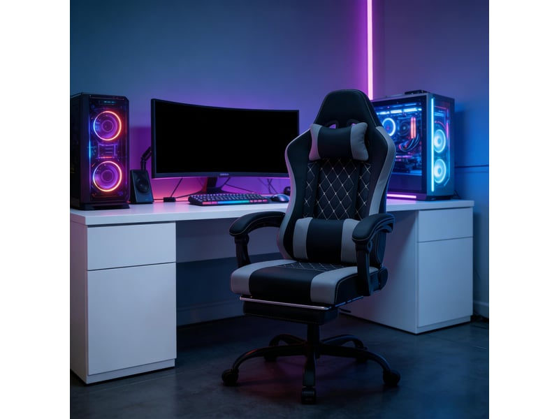  Chaise de bureau ergonomique 70 x 70 x 119,5-127 cm - gaming massage inclinable 145° avec repose-pieds retractable - tissu  - noir et gris  - Conforama D