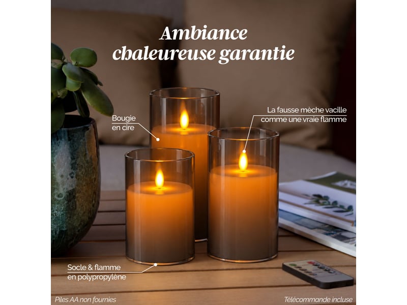 Lot de 3 bougies à led, flamme vacillante, luminosité réglable - minuterie 2, 4, 6, 8h - gris - Conforama C