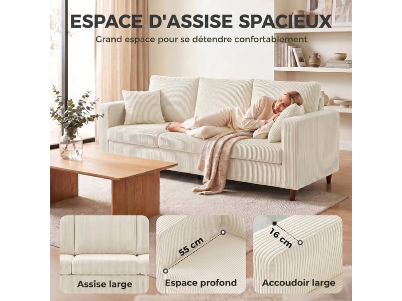  Canapé 3 places en velours côtelé, canapé de salon moderne 225 cm, assise large, coussin à ressorts, crème  - Conforama D