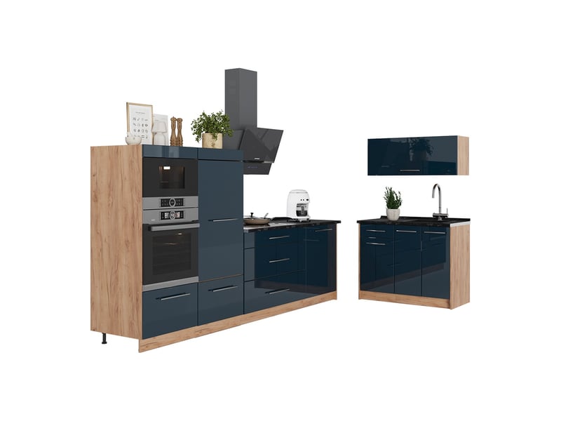Vicco cuisine, bleu foncé brillantchêne de force doré, 380cm, pt marbre - Conforama E