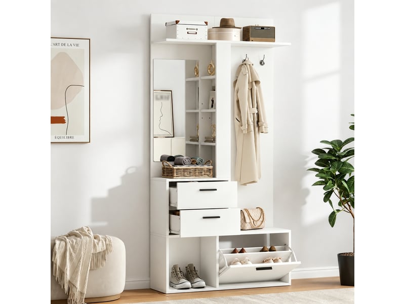  Meuble d’entrée avec miroir en pied, range-chaussures rabattable, 90 x 30 x 180 cm, blanc  - Conforama C