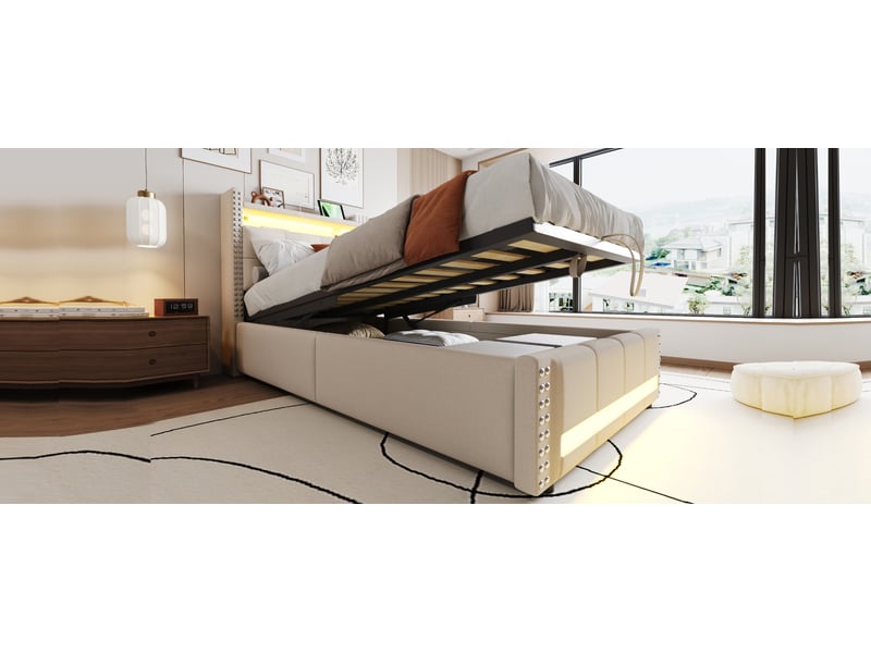  Lit coffre enfant 90x200 cm beige lin avec led et prise usb tête de lit rangement et sommier à lattes Sol Morn - Conforama D