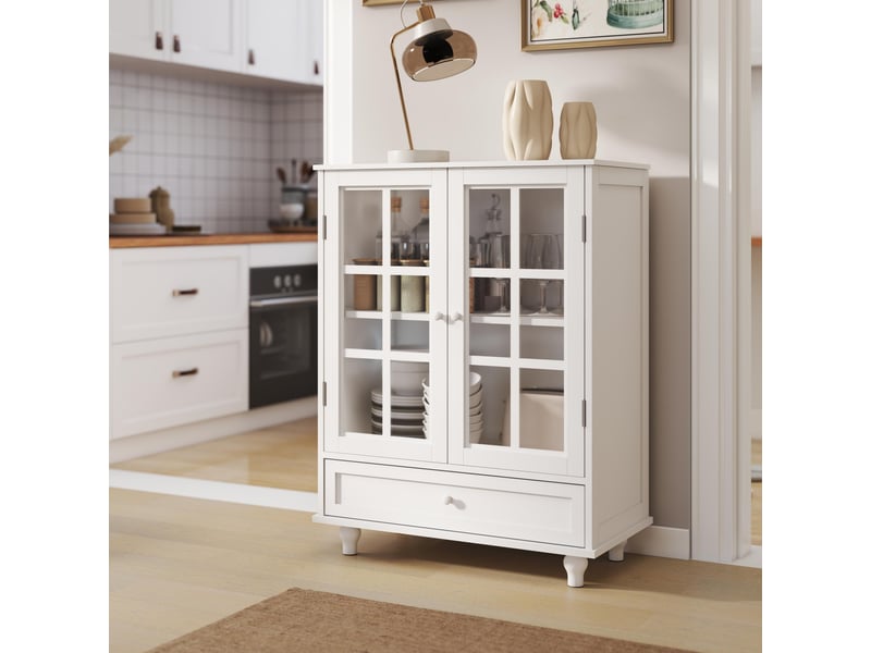 Buffet de cuisine - 71x38x93 cm - meuble de rangement minimaliste moderne en bois avec 2 portes vitrées et tiroir - blanc - Conforama B