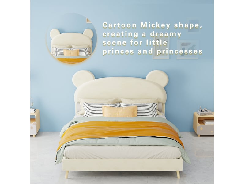  Lit enfant 140x200 cm, tête de lit oreilles d’ours, cadre bas sans rangement, tissu et métal beige sans matelas  - Conforama D