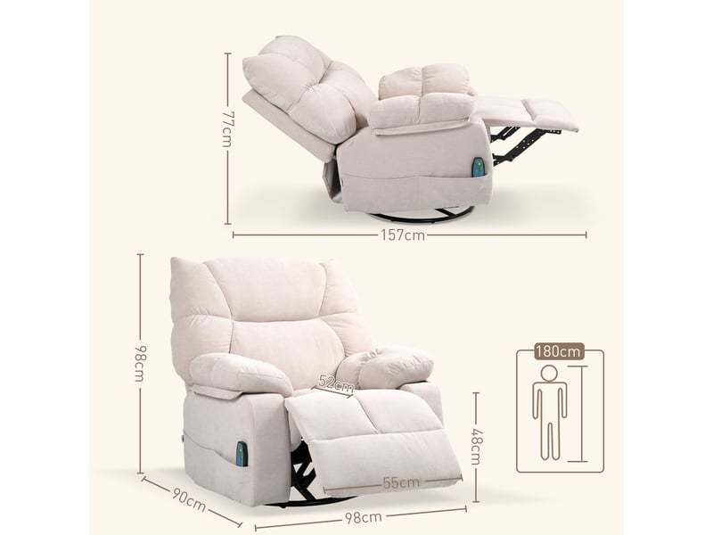  Fauteuil relax avec massage chauffant beige, inclinable à 145 degrés, pivotant à 360 degrés avec repose-pieds pour le salon  - Conforama C