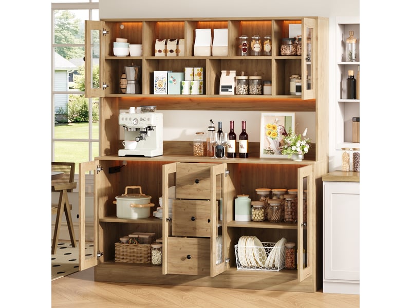  Armoire de cuisine vitrine 150x40x173 cm - 6 portes en acrylique - 3 tiroirs - led et prises - mdf - bois naturel  - Conforama E