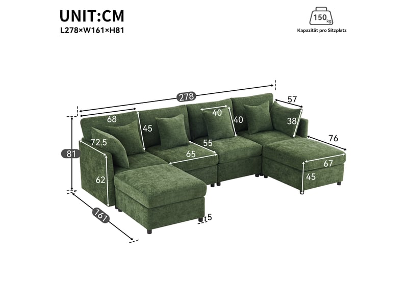 Canapé modulable modenvie 6 places en chenille vert convertible en u et en l avec 2 poufs et 6 coussins  - Conforama C