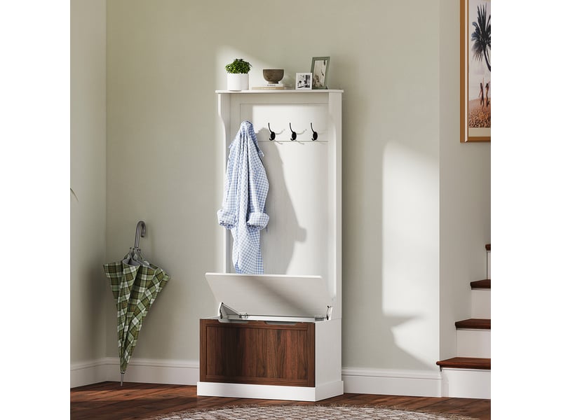  Porte-manteau 3 en 1 avec 4 crochets et banc de rangement, en bois, 71,5 x 39,5 x 170 cm, blanc  - Conforama D