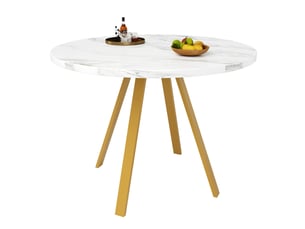 Table de salle à manger ronde 4 personnes, plateau mdf aspect marbre, 80×80×75 cm blanc et doré