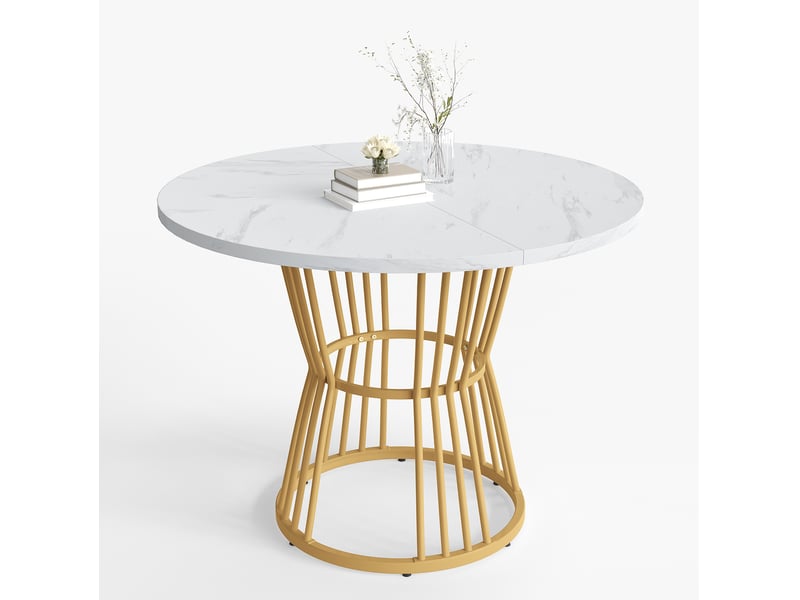  Table de salle à manger ronde 100 x 75 cm blanche et dorée, plateau mdf, piètement métallique moderne  - Conforama A