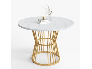 Table de salle à manger ronde 100 x 75 cm blanche et dorée, plateau mdf, piètement métallique moderne