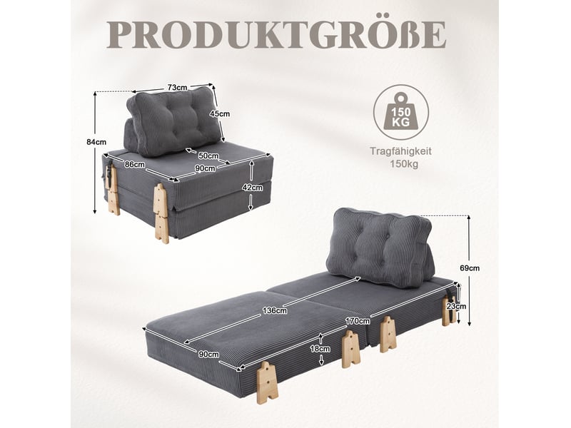  Fauteuil-lit convertible 1 place en velours côtelé gris foncé, 90 x 170 cm  - Conforama C