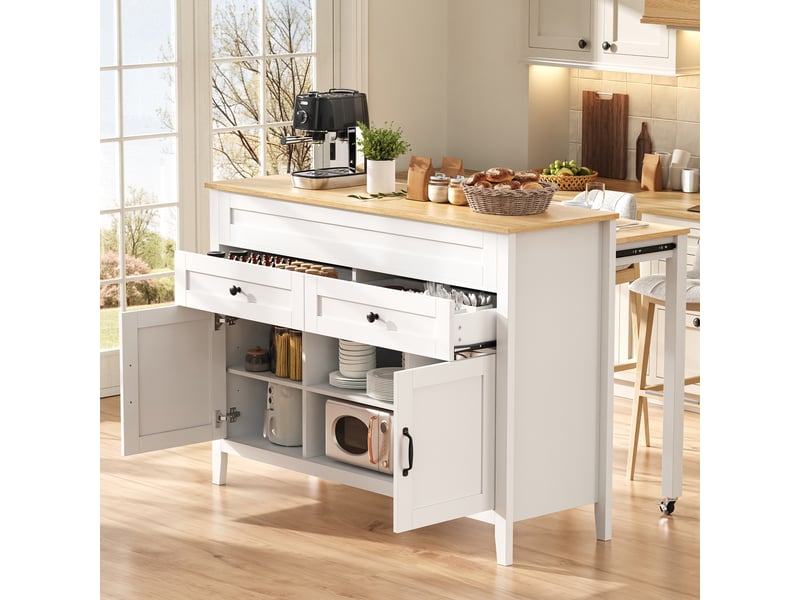  Îlot de cuisine avec table escamotable muvano, blanc et aspect bois clair, 120 × 40–76 × 92 cm  - Conforama B