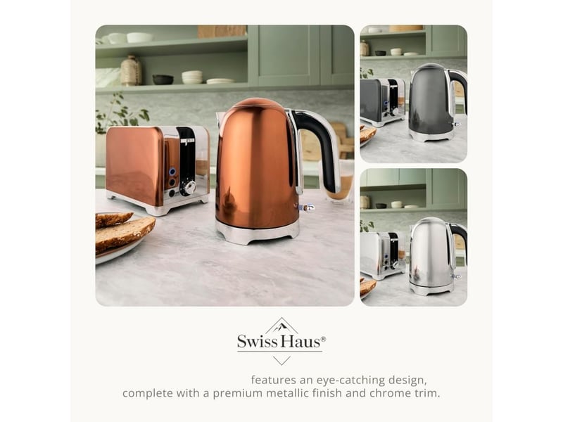 Bouilloire électrique 1.7l 2200w inoxydable avec base rotative sans fil 360° swiss haus dorée SWK2127 - Conforama E