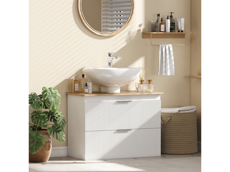  Meuble sous vasque 80 cm blanc, 2 tiroirs et plateau aspect bois, avec découpe pour tuyaux  - Conforama C
