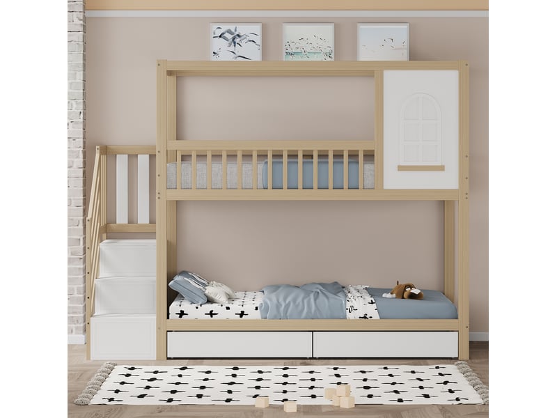  Modenvie lit superposé enfant 90x200 cm - avec tiroirs de rangement et echelle securisee - naturel  - Conforama B